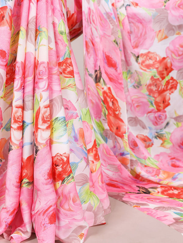 Light Pink Elegant Floral Printed Dull Satin Saree with Moonga Silk Blouse ClothsVilla