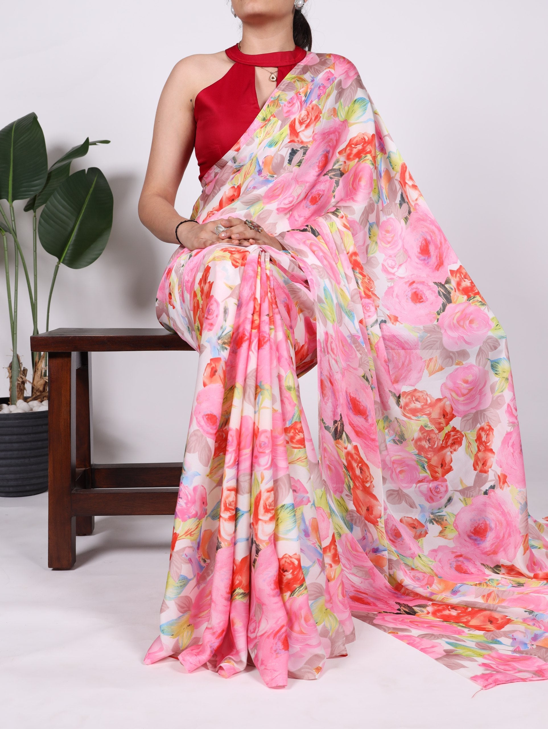 Light Pink Elegant Floral Printed Dull Satin Saree with Moonga Silk Blouse ClothsVilla Main image