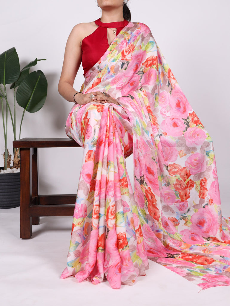 Light Pink Elegant Floral Printed Dull Satin Saree with Moonga Silk Blouse ClothsVilla