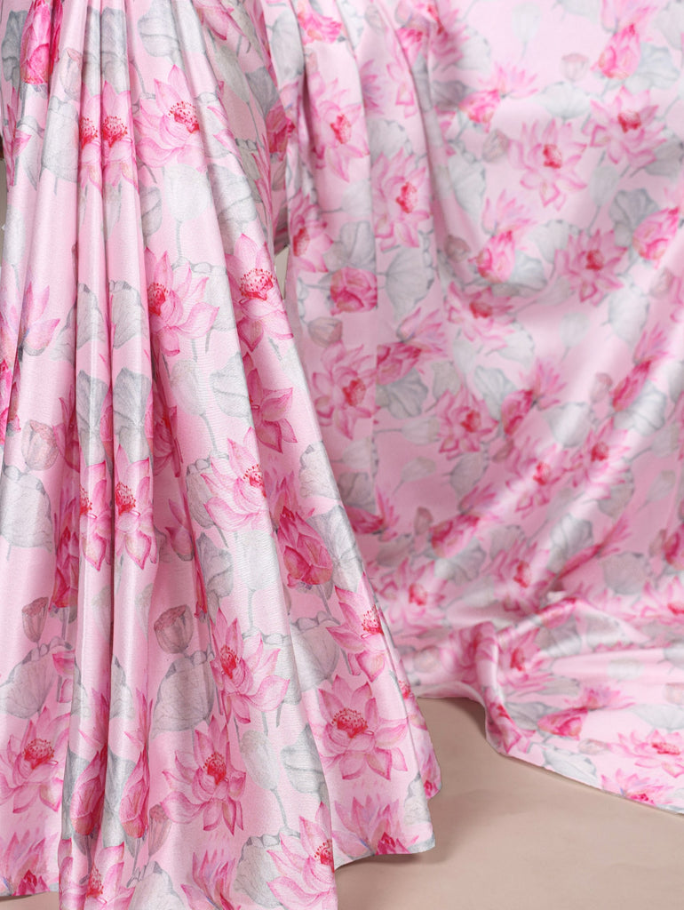 Light Pink Elegant Floral Printed Satin Silk Saree with Mono Benglory Blouse Piece ClothsVilla
