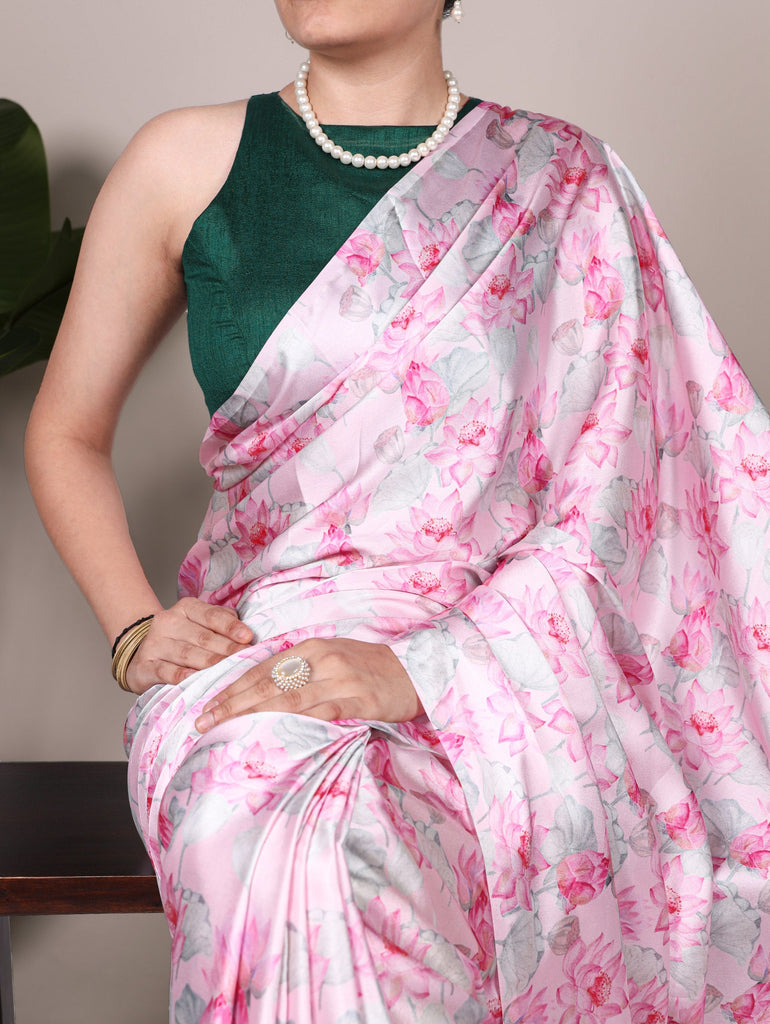 Light Pink Elegant Floral Printed Satin Silk Saree with Mono Benglory Blouse Piece ClothsVilla