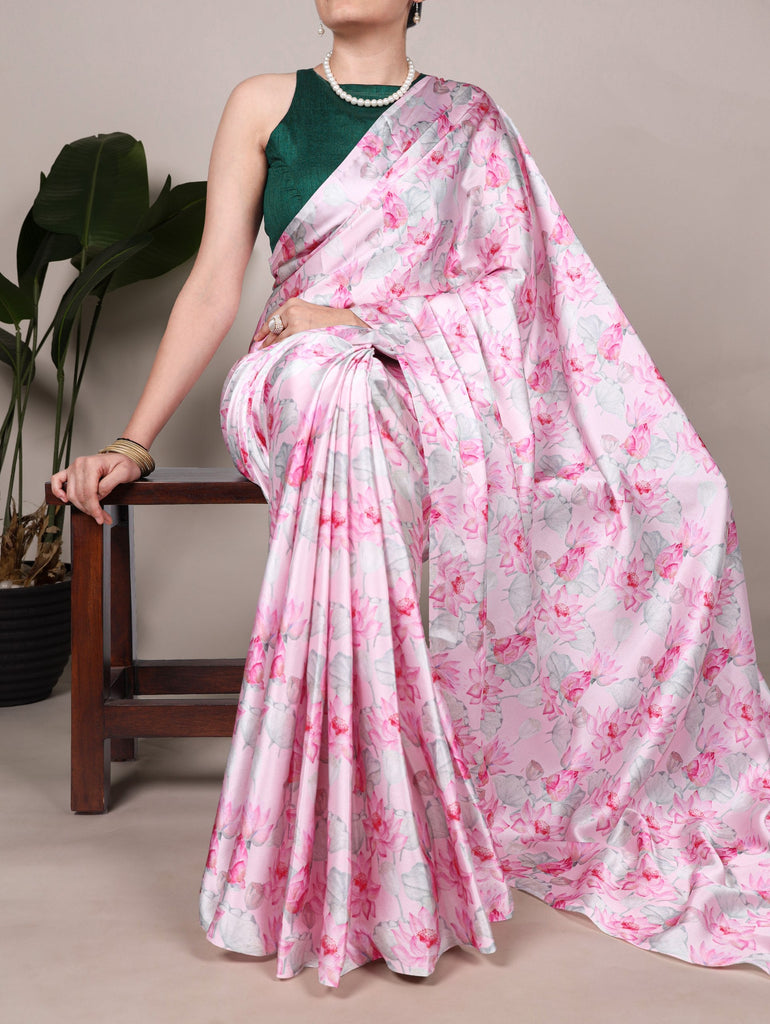 Light Pink Elegant Floral Printed Satin Silk Saree with Mono Benglory Blouse Piece ClothsVilla