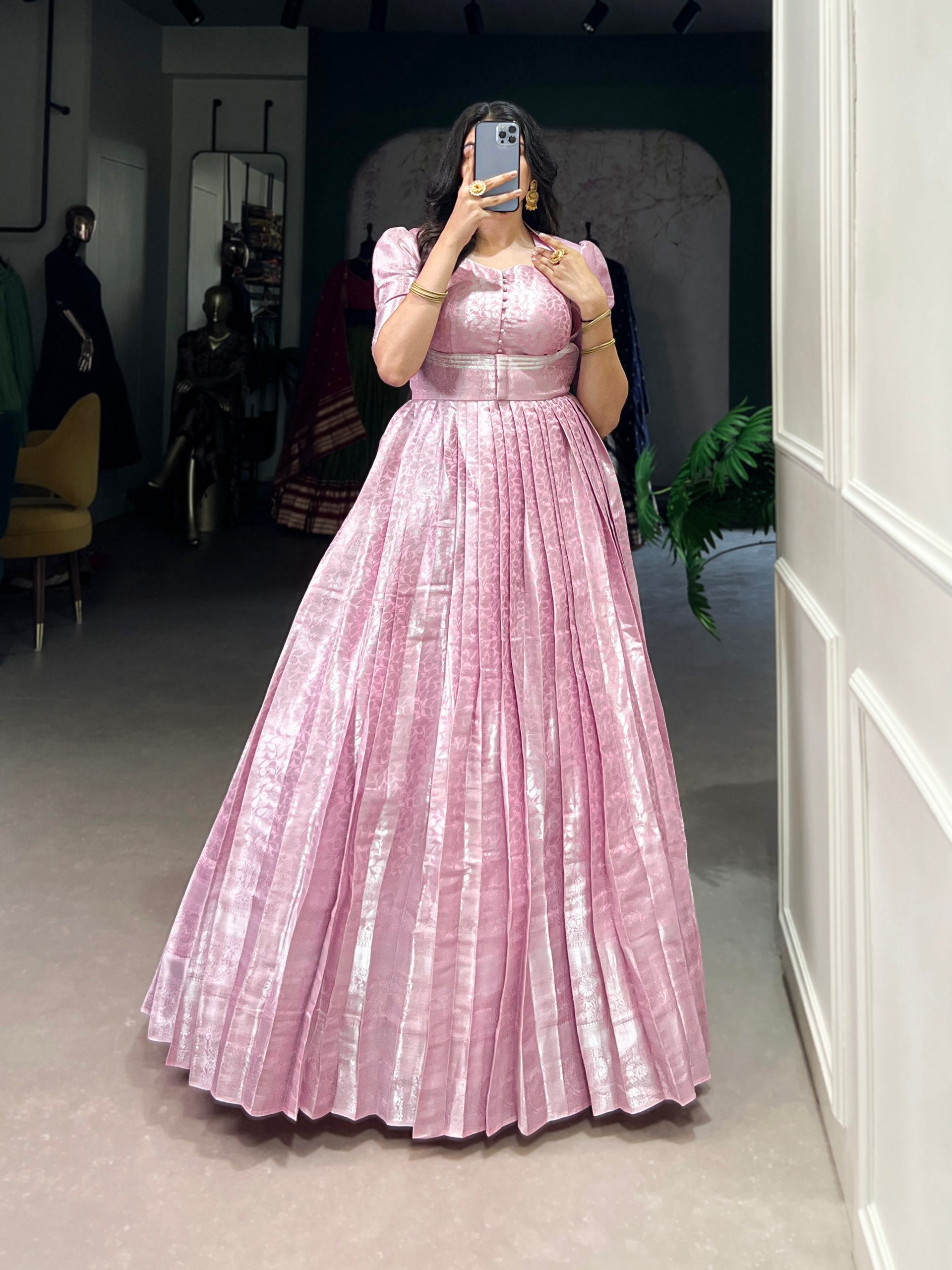 Light Pink Elegant Kanjivaram Zari Woven Gown with Matching Koti ClothsVilla Main image