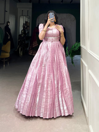 Light Pink Elegant Kanjivaram Zari Woven Gown with Matching Koti ClothsVilla