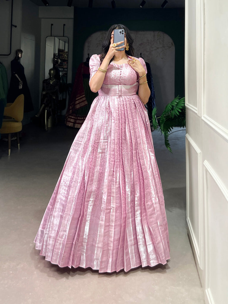 Light Pink Elegant Kanjivaram Zari Woven Gown with Matching Koti ClothsVilla
