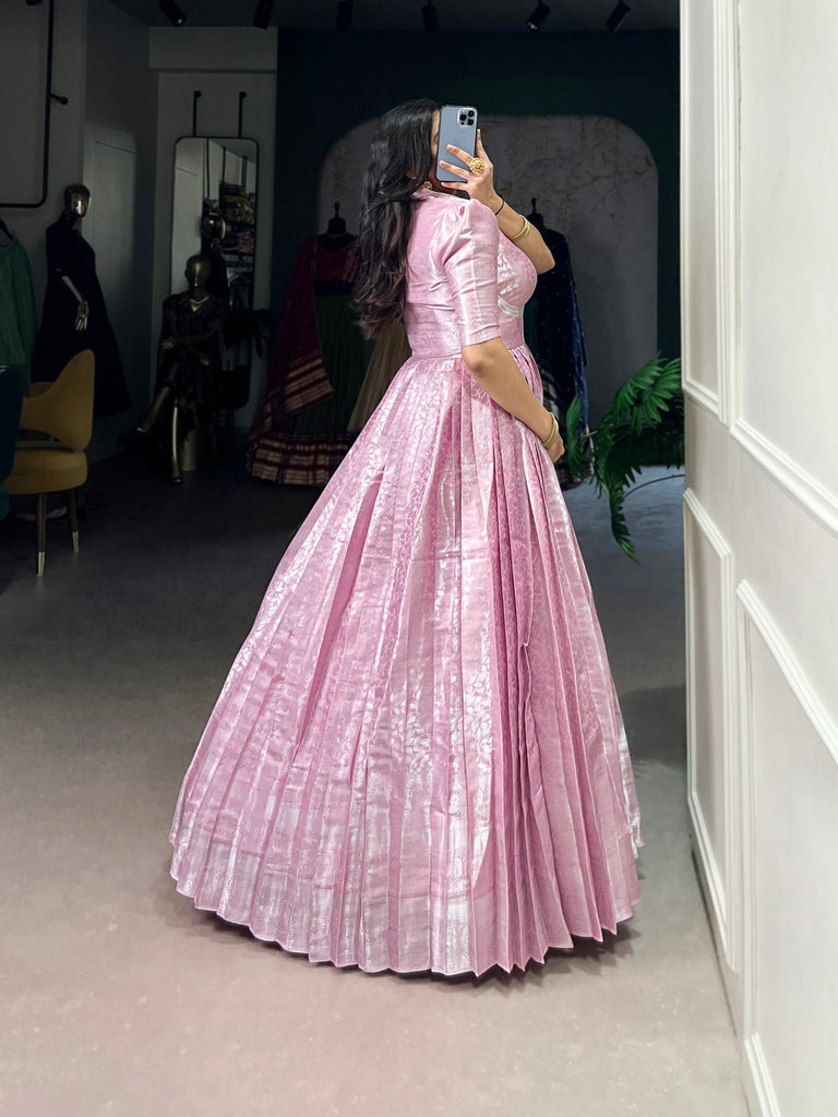 Light Pink Elegant Kanjivaram Zari Woven Gown with Matching Koti ClothsVilla