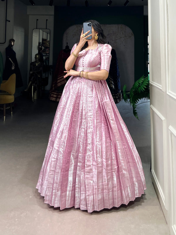 Light Pink Elegant Kanjivaram Zari Woven Gown with Matching Koti ClothsVilla
