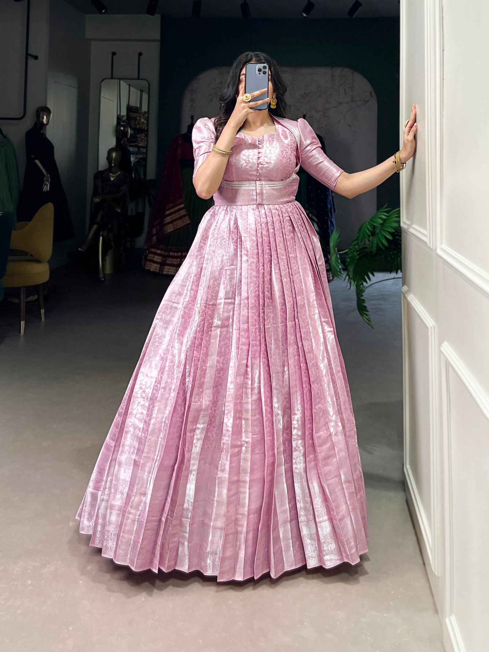 Light Pink Elegant Kanjivaram Zari Woven Gown with Matching Koti ClothsVilla
