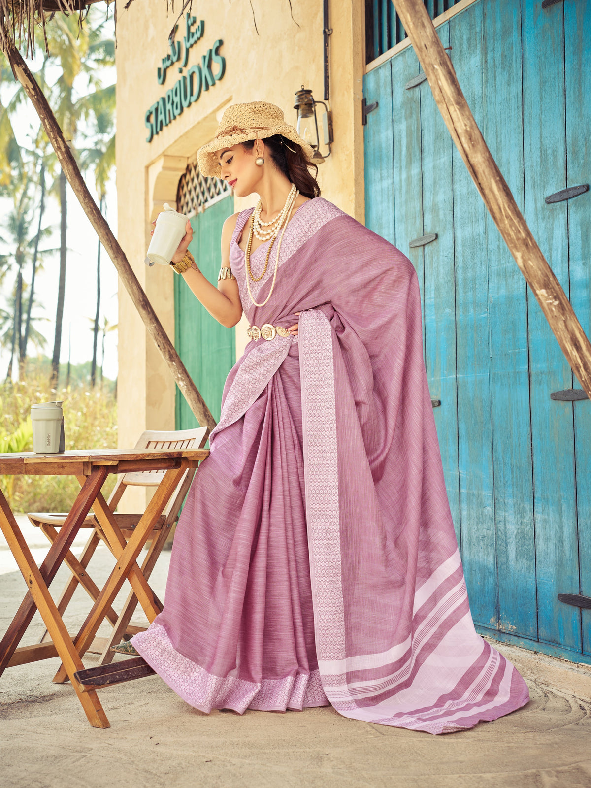 Light Pink Elegant Linen Saree with Chikankari Weaved Border ClothsVilla Main image
