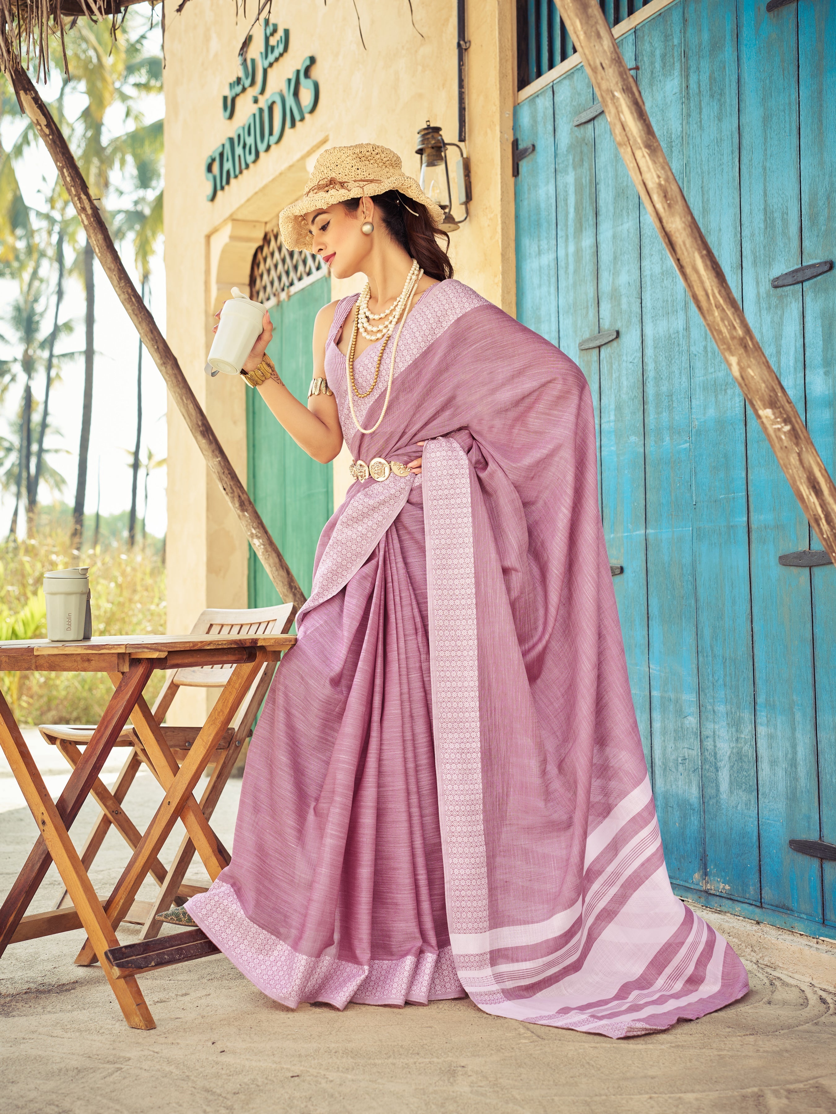 Light Pink Elegant Linen Saree with Chikankari Weaved Border ClothsVilla Main image