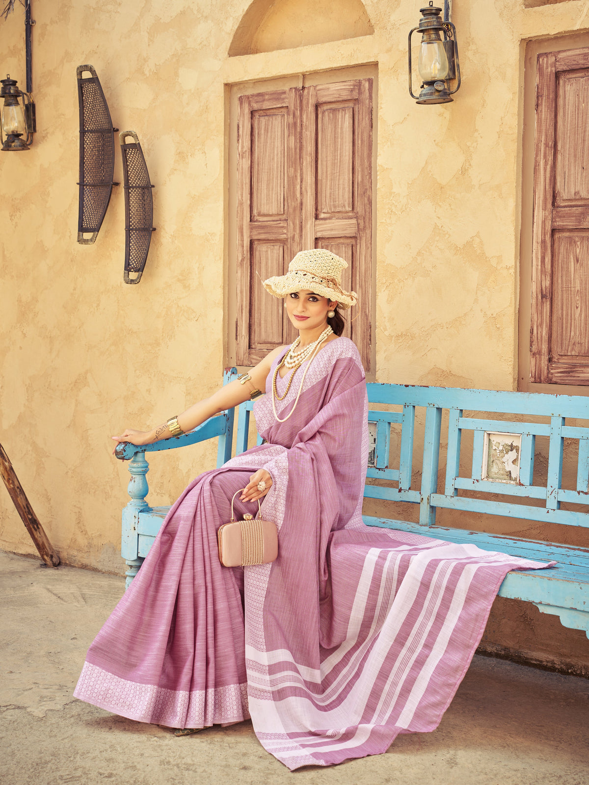 Light Pink Elegant Linen Saree with Chikankari Weaved Border ClothsVilla