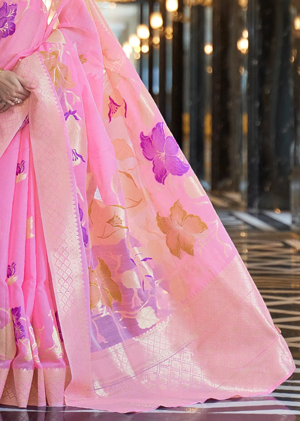 Light Pink Elegant Linen Saree with Floral Printed Weaving Work ClothsVilla