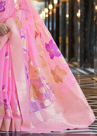 Light Pink Elegant Linen Saree with Floral Printed Weaving Work ClothsVilla