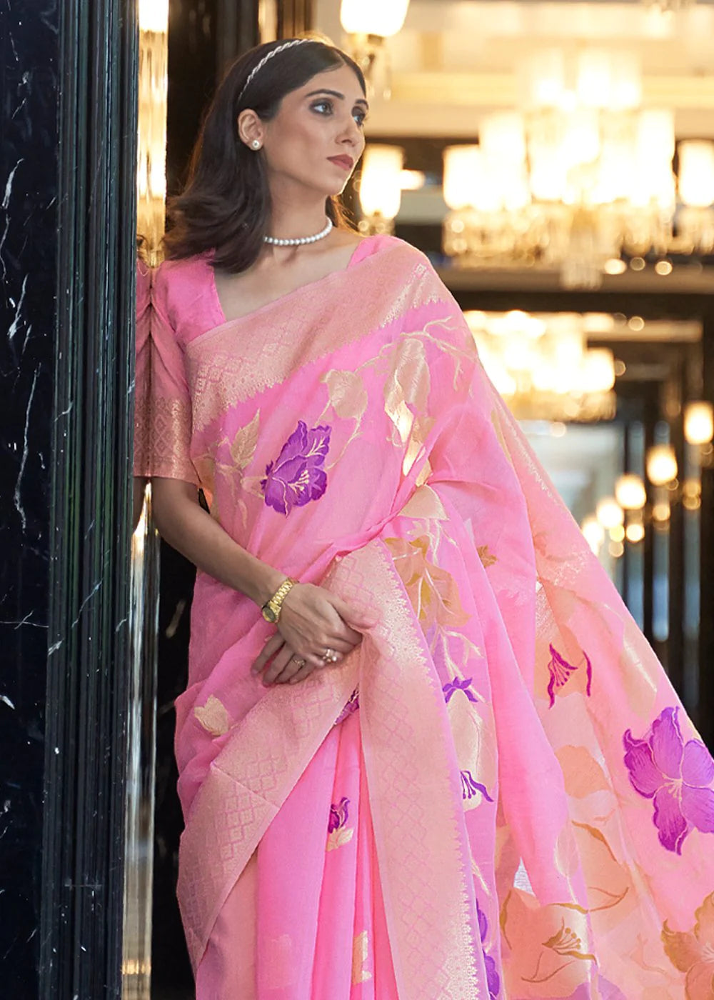 Light Pink Elegant Linen Saree with Floral Printed Weaving Work ClothsVilla