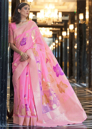 Light Pink Elegant Linen Saree with Floral Printed Weaving Work ClothsVilla