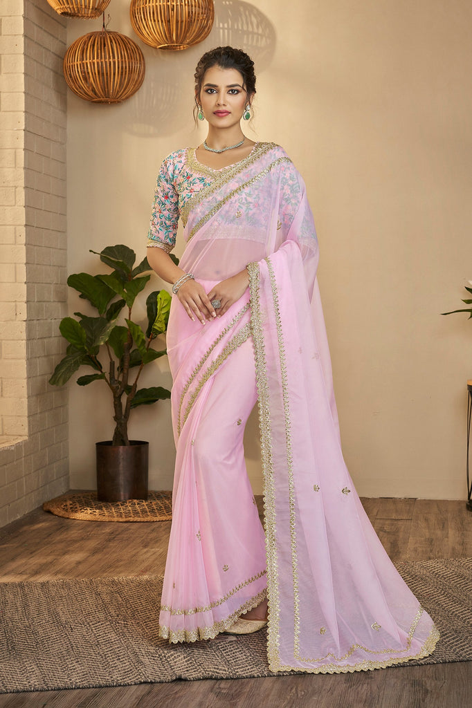 Light Pink Elegant Organza Saree with Resham, Zari & Sequins Embroidery | With Unstitched Blouse Piece ClothsVilla