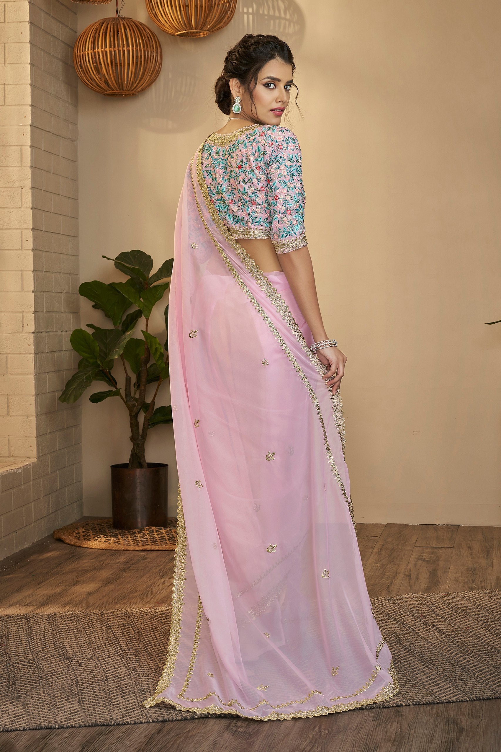 Light Pink Elegant Organza Saree with Resham, Zari & Sequins Embroidery | With Unstitched Blouse Piece ClothsVilla
