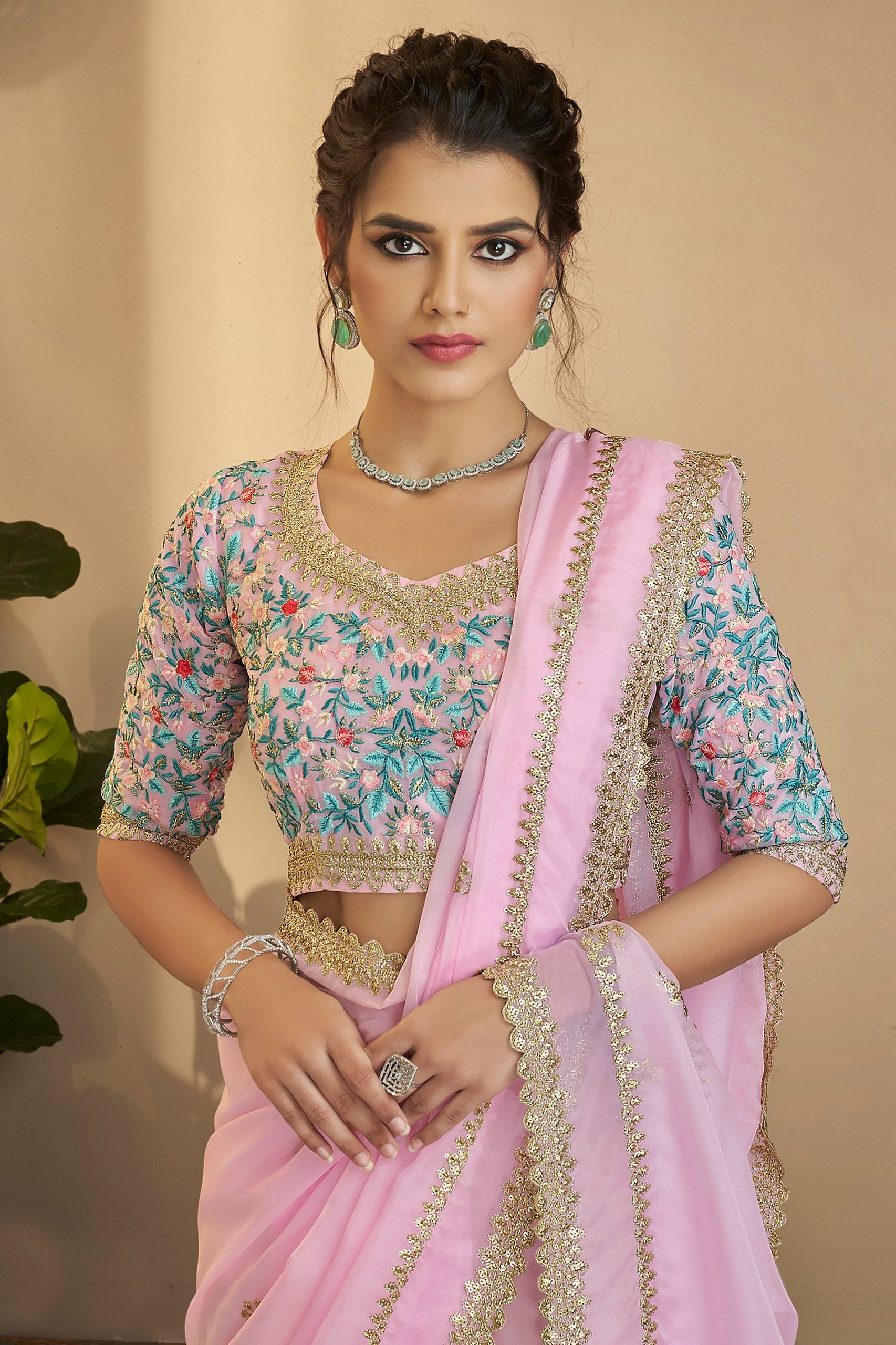 Light Pink Elegant Organza Saree with Resham, Zari & Sequins Embroidery | With Unstitched Blouse Piece Secondary image