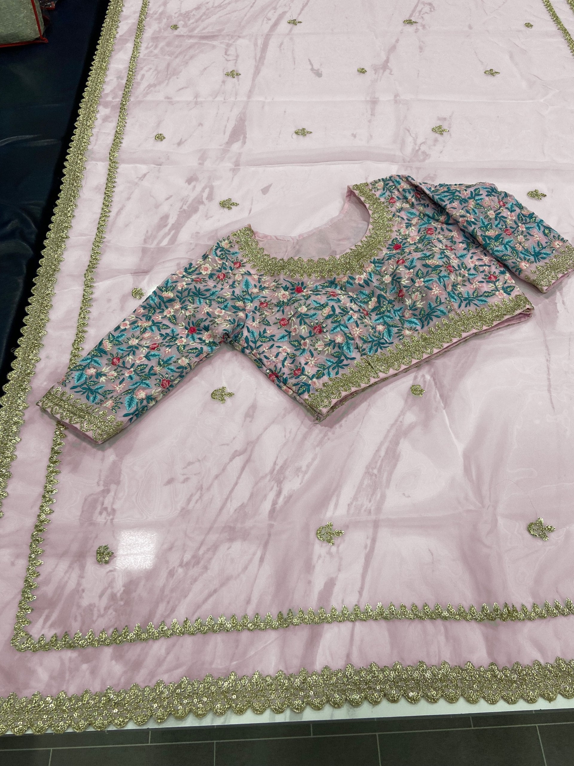 Light Pink Elegant Organza Saree with Resham, Zari & Sequins Embroidery | With Unstitched Blouse Piece ClothsVilla