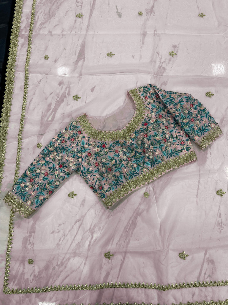 Light Pink Elegant Organza Saree with Resham, Zari & Sequins Embroidery | With Unstitched Blouse Piece ClothsVilla