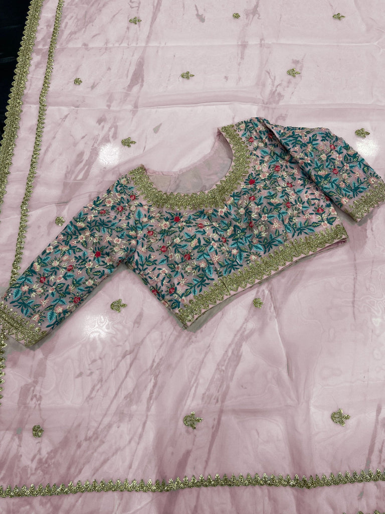 Light Pink Elegant Organza Saree with Resham, Zari & Sequins Embroidery | With Unstitched Blouse Piece ClothsVilla
