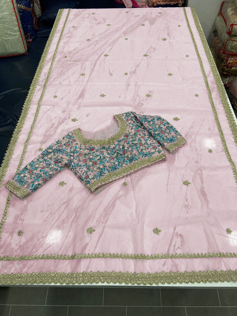 Light Pink Elegant Organza Saree with Resham, Zari & Sequins Embroidery | With Unstitched Blouse Piece ClothsVilla
