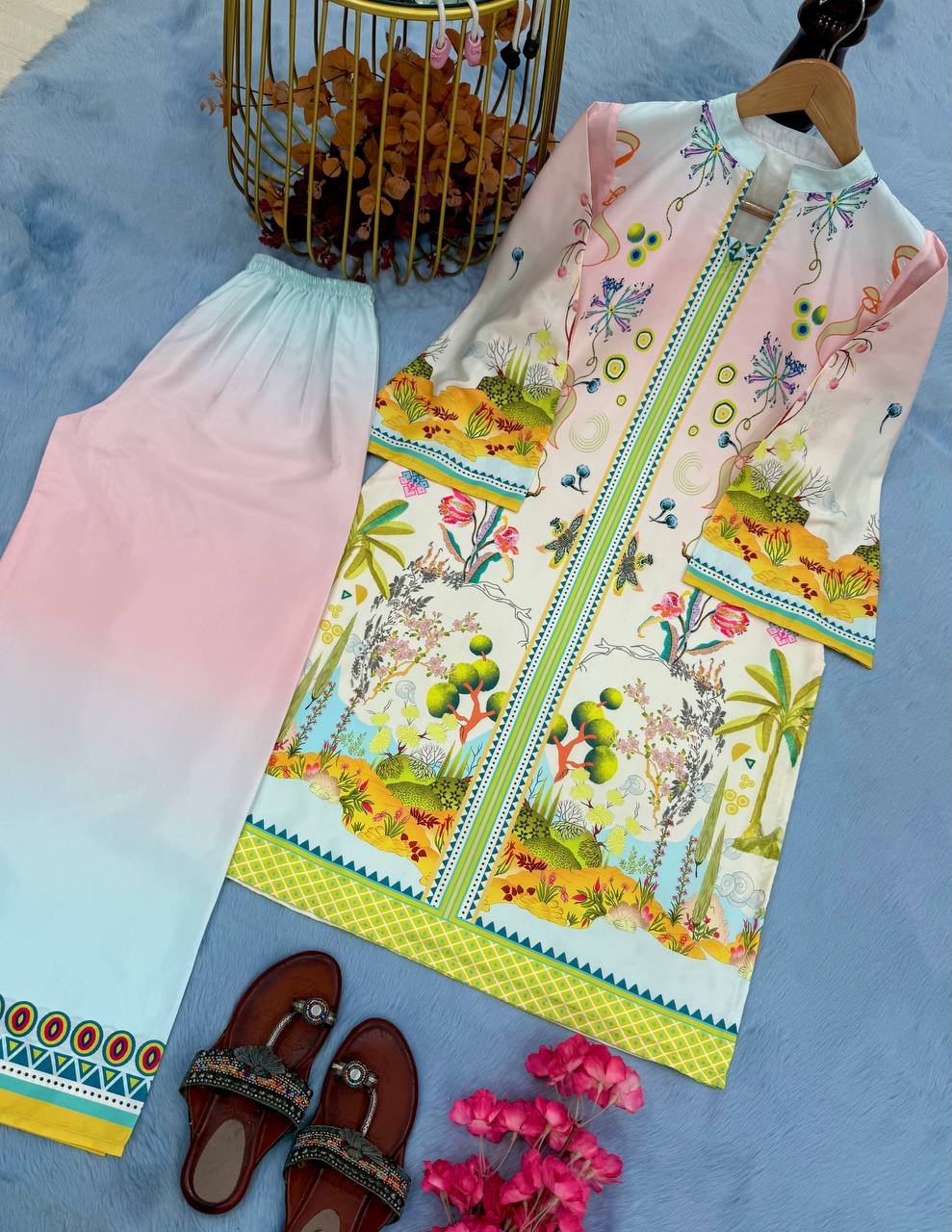 Light Pink Elegant Pure Natural Crepe Digital Print Co-Ord Set Top & Plazzo – Fully Stitched ClothsVilla