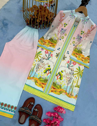 Light Pink Elegant Pure Natural Crepe Digital Print Co-Ord Set Top & Plazzo – Fully Stitched ClothsVilla