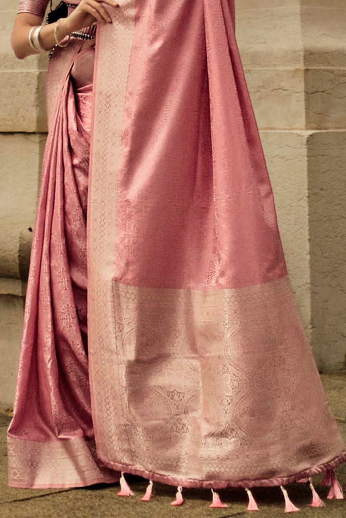 Light Pink Elegant Satin Silk Blend Saree with Matching Blended Silk Blouse Piece ClothsVilla