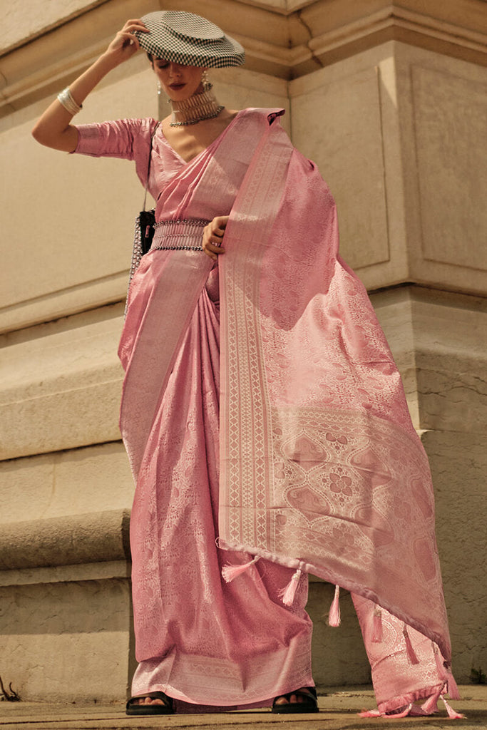 Light Pink Elegant Satin Silk Blend Saree with Matching Blended Silk Blouse Piece ClothsVilla