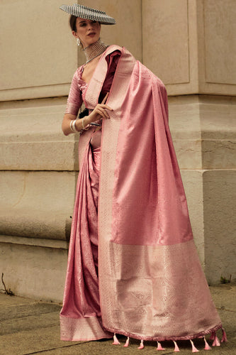 Light Pink Elegant Satin Silk Blend Saree with Matching Blended Silk Blouse Piece ClothsVilla