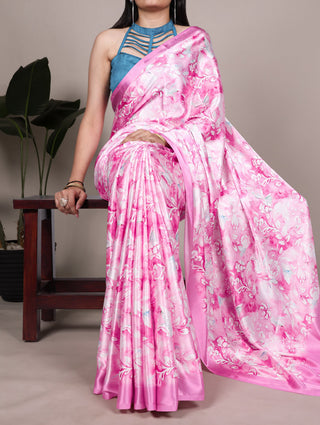 Light Pink Elegant Satin Silk Printed Saree with Banglory Blouse Piece – Soft, Lustrous & Timeless Ethnic Drape ClothsVilla