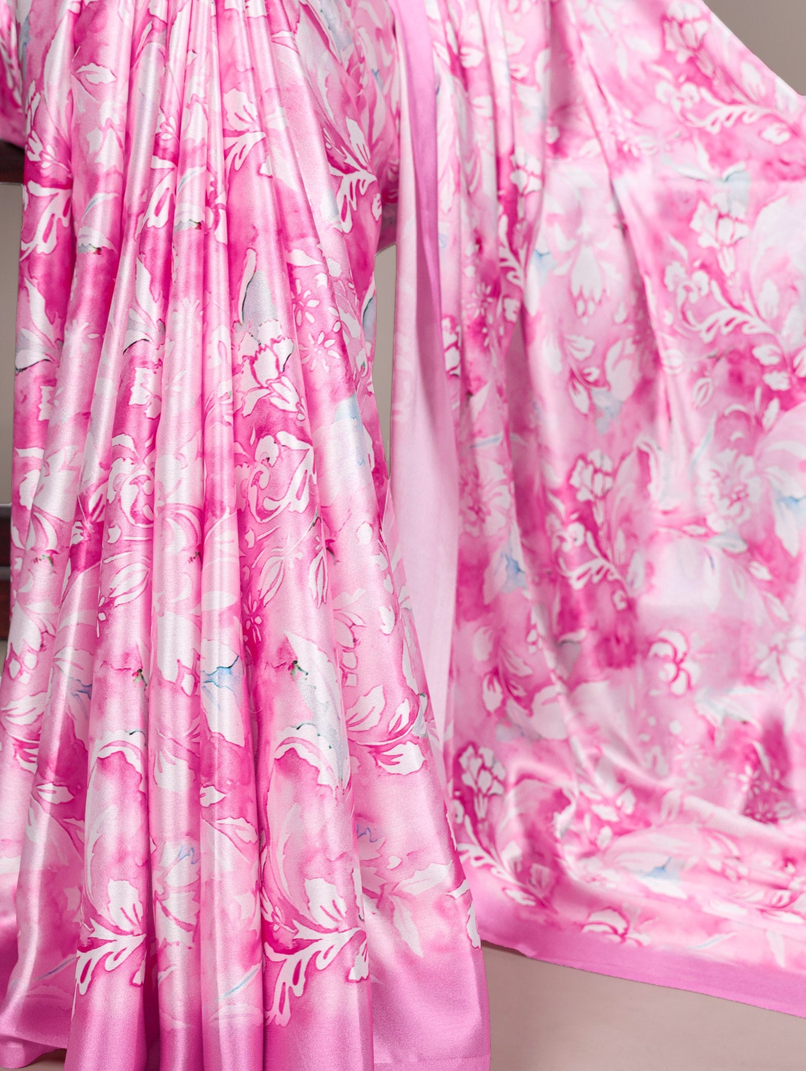 Light Pink Elegant Satin Silk Printed Saree with Banglory Blouse Piece – Soft, Lustrous & Timeless Ethnic Drape ClothsVilla
