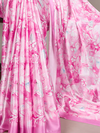 Light Pink Elegant Satin Silk Printed Saree with Banglory Blouse Piece – Soft, Lustrous & Timeless Ethnic Drape ClothsVilla