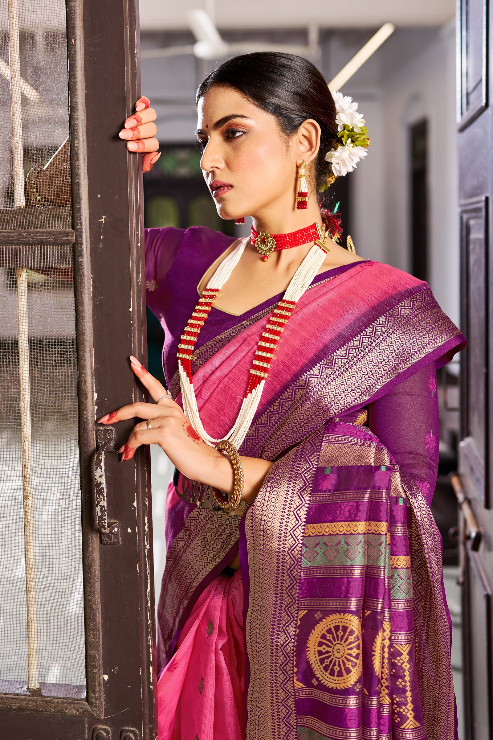 Light Pink Elegant Slub Lilan Saree – Luxurious Semi Tussar Silk ClothsVilla