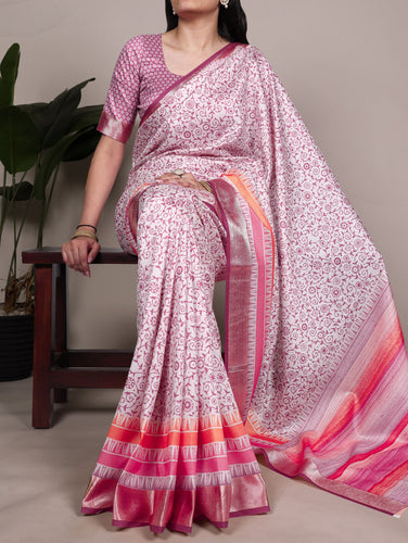 Light Pink Elegant Tasar Silk Printed Saree with Viscose Border & Matching Unstitched Blouse – Premium Traditional Party & Festive Wear ClothsVilla