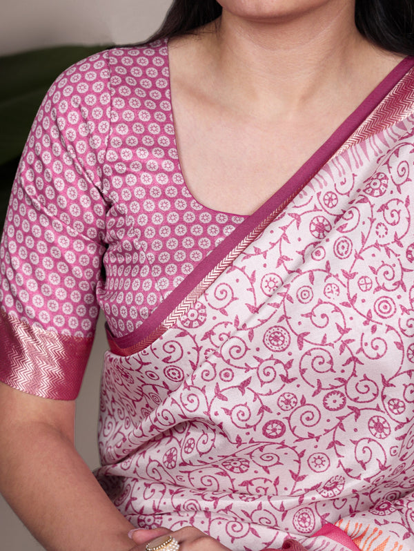 Light Pink Elegant Tasar Silk Printed Saree with Viscose Border & Matching Unstitched Blouse – Premium Traditional Party & Festive Wear ClothsVilla