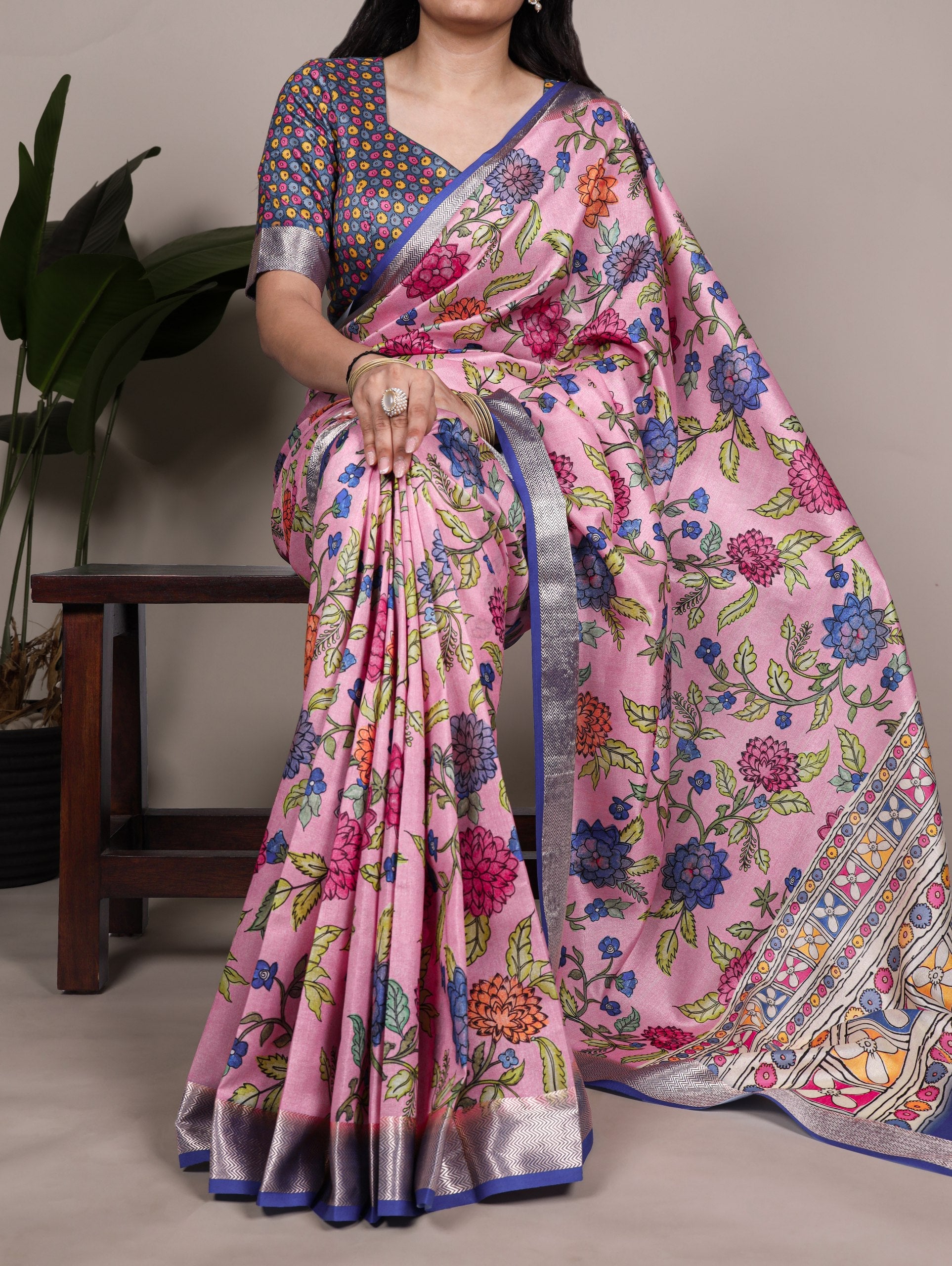 Light Pink Elegant Tasar Silk Saree with Traditional Floral Print & Viscose Border – 5.5 Meter Saree with Unstitched Blouse ClothsVilla Main image