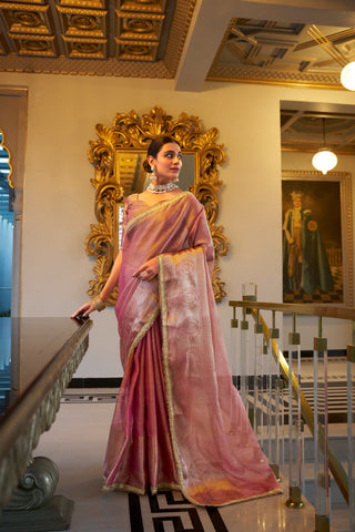 Light Pink Elegant Tissue Shimmer Saree with Zari Weaving and Sequins Lace Border ClothsVilla