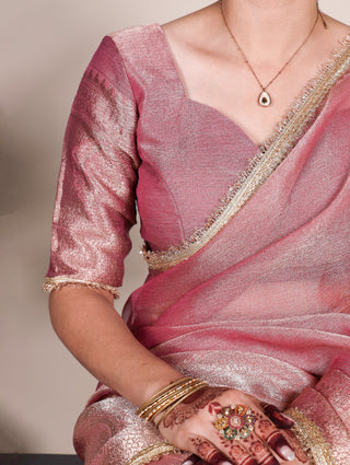 Light Pink Elegant Tissue Shimmer Saree with Zari Weaving and Sequins Lace Border