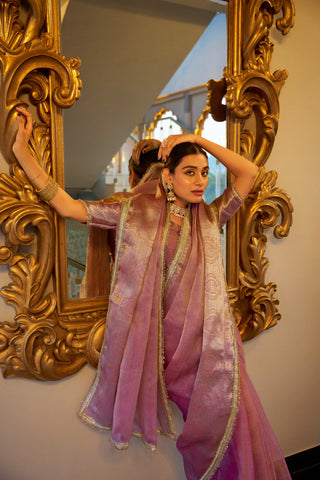 Light Pink Elegant Tissue Shimmer Saree with Zari Weaving and Sequins Lace Border ClothsVilla