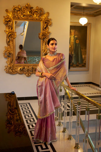 Light Pink Elegant Tissue Shimmer Saree with Zari Weaving and Sequins Lace Border ClothsVilla