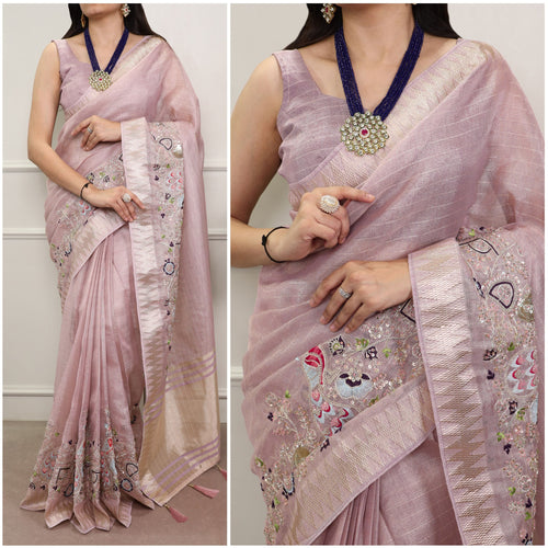Light Pink Elegant Zari Kota Tissue Saree with Embroidery Beads Work & Zari Weaving Border, Matching Unstitched Blouse – Festive & Traditional Wear ClothsVilla