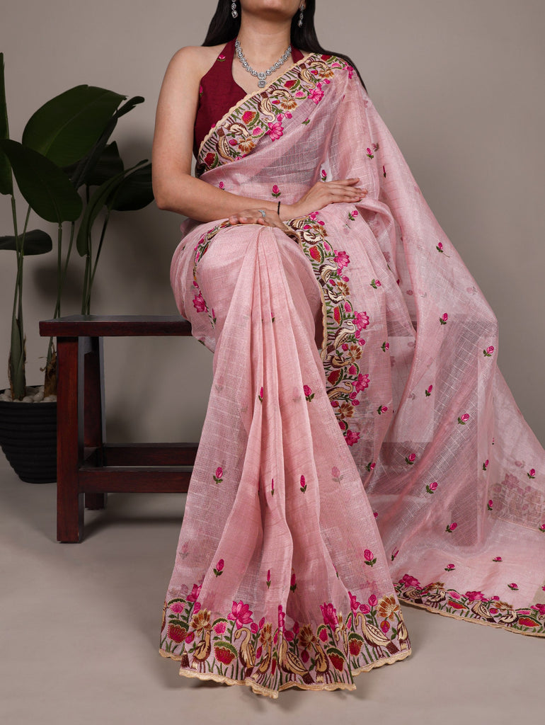 Light Pink Elegant Zari Kota Tissue Saree with Exquisite Thread Embroidery Work and Banglory Blouse Piece – Premium Ethnic Ensemble ClothsVilla