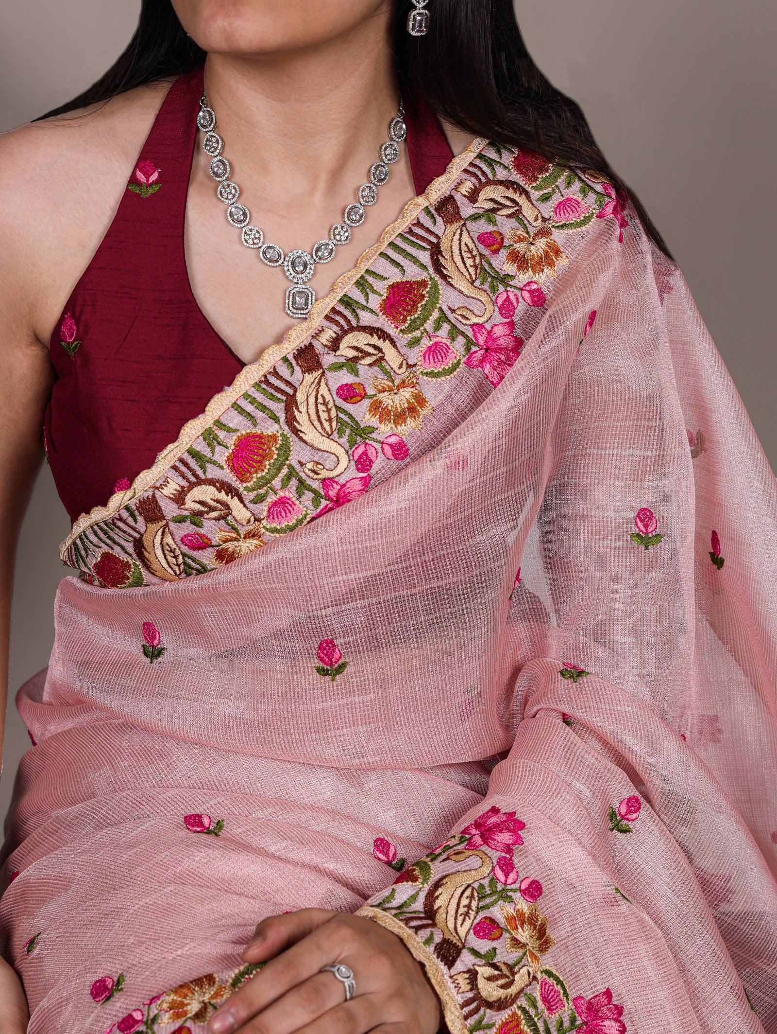 Light Pink Elegant Zari Kota Tissue Saree with Exquisite Thread Embroidery Work and Banglory Blouse Piece – Premium Ethnic Ensemble ClothsVilla