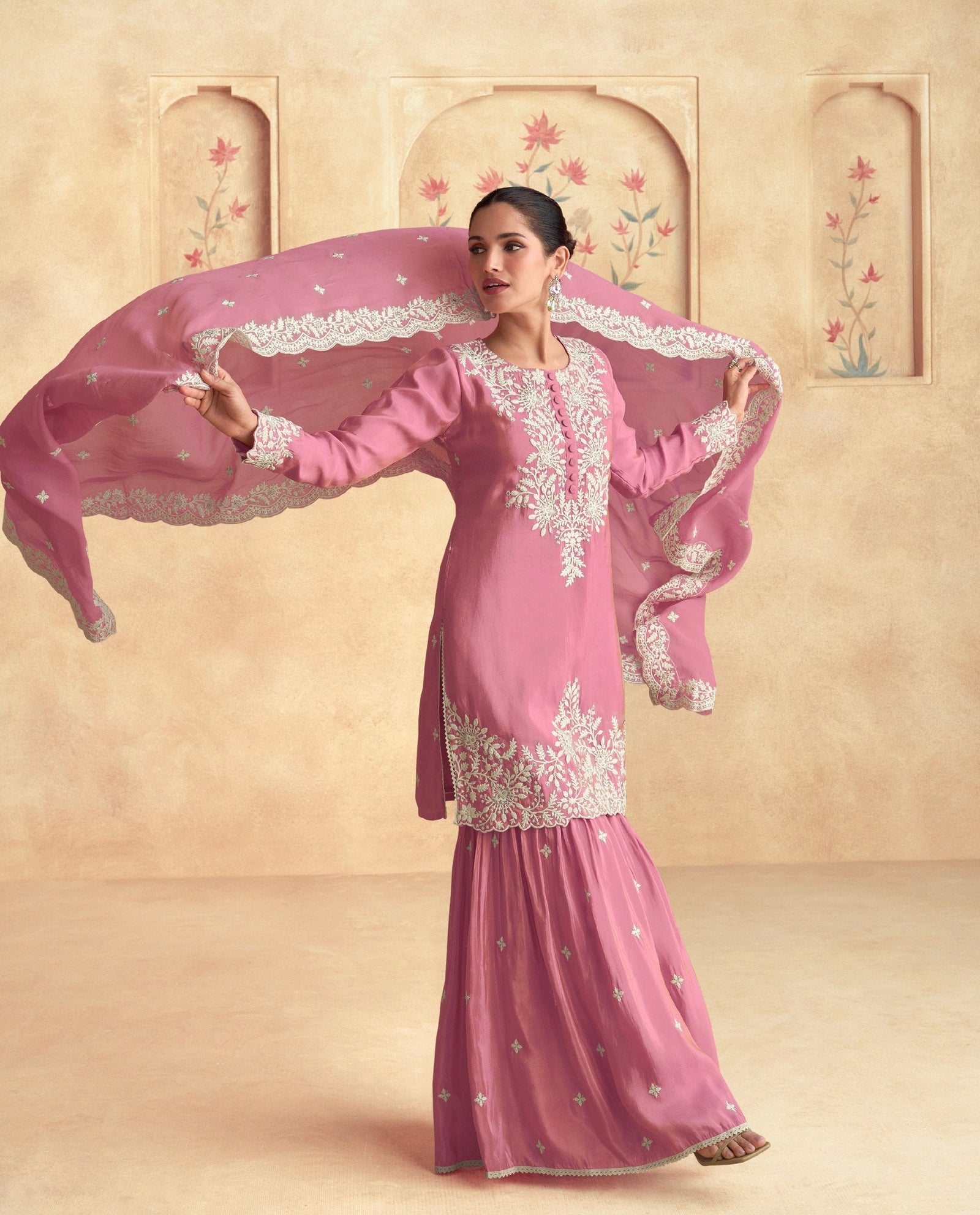 Light Pink Chinon Kurta Sharara Set ClothsVilla