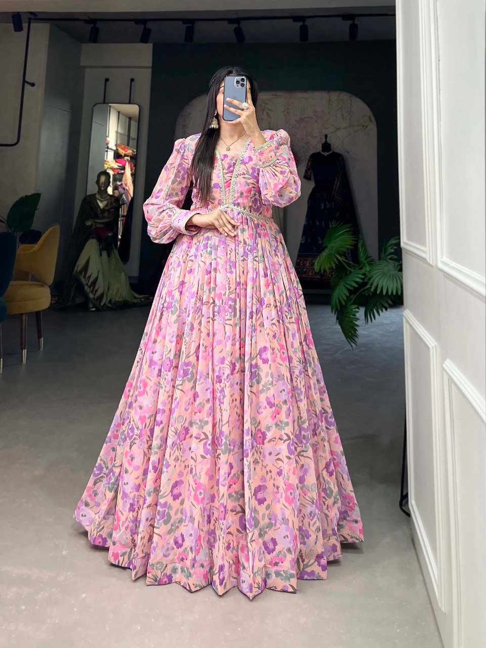Light Pink Exquisite Floral Print Georgette Gown with Lace Accents ClothsVilla Main image
