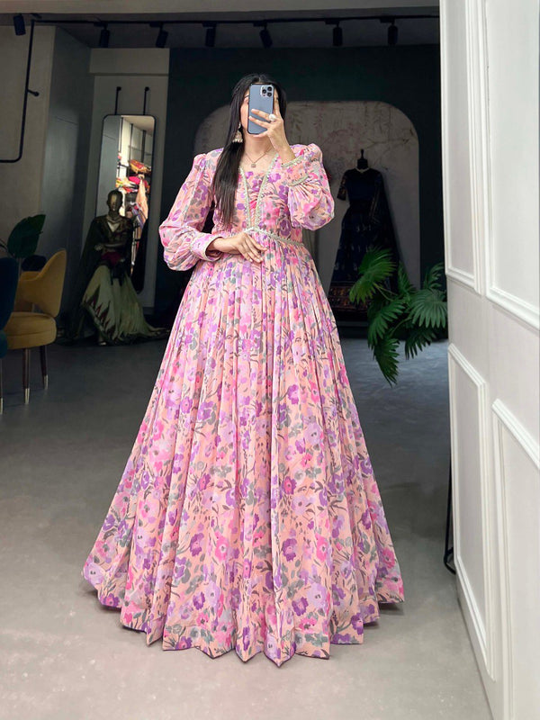 Light Pink Exquisite Floral Print Georgette Gown with Lace Accents ClothsVilla