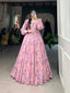 Light Pink Exquisite Floral Print Georgette Gown with Lace Accents ClothsVilla