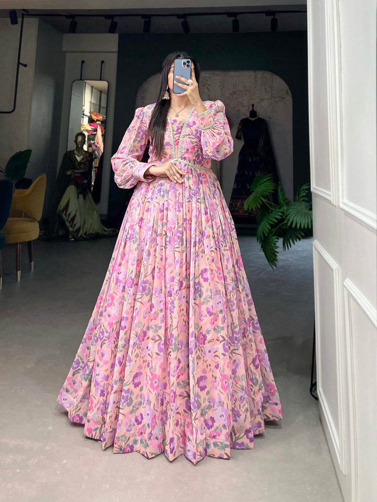 Light Pink Exquisite Floral Print Georgette Gown with Lace A Light Pink Exquisite Floral Print Georgette Gown with Lace A